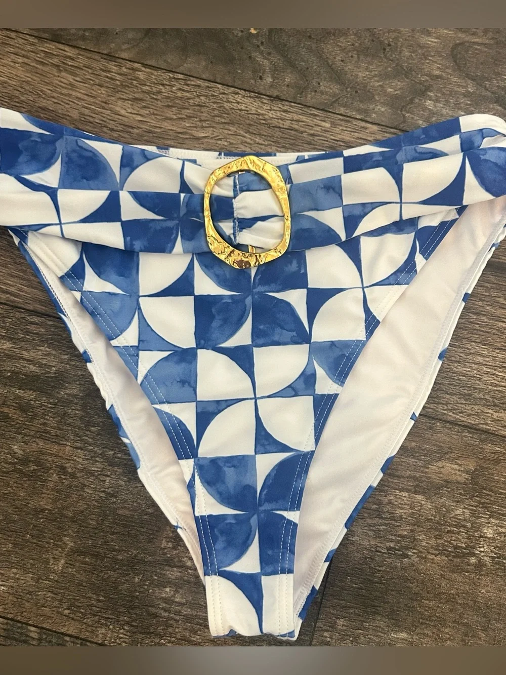 NWT Kenny Flowers Watercolors Blue & White Geometric Bikini Bottom Gold Buckle
